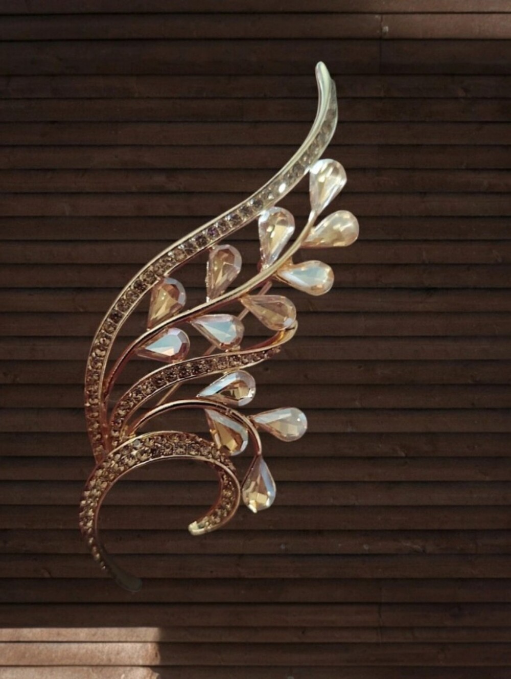 Champagne Rhinestone Leaf Brooch